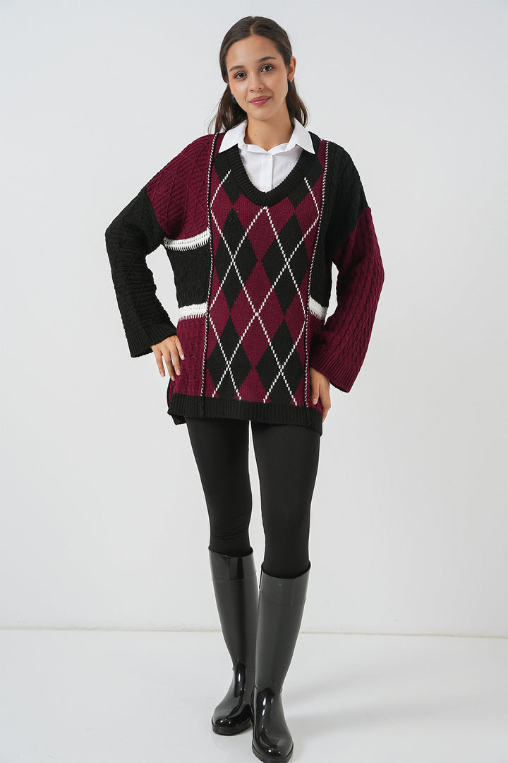 Bigdart Pull en tricot à motifs à col en V pour femme 15933 - Bordeaux