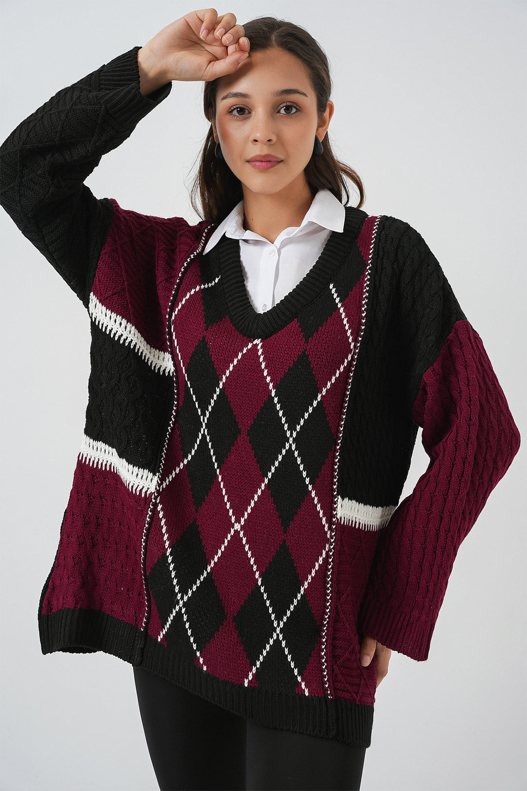 Bigdart Pull en tricot à motifs à col en V pour femme 15933 - Bordeaux