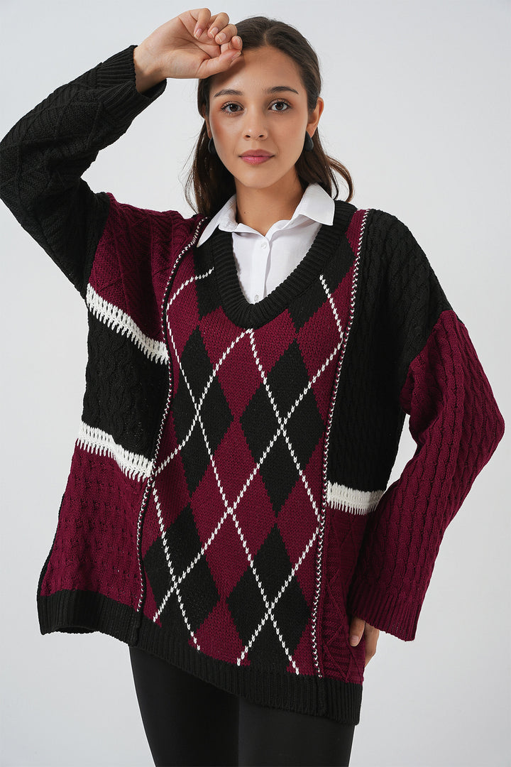 Bigdart Pull en tricot à motifs à col en V pour femme 15933 - Bordeaux