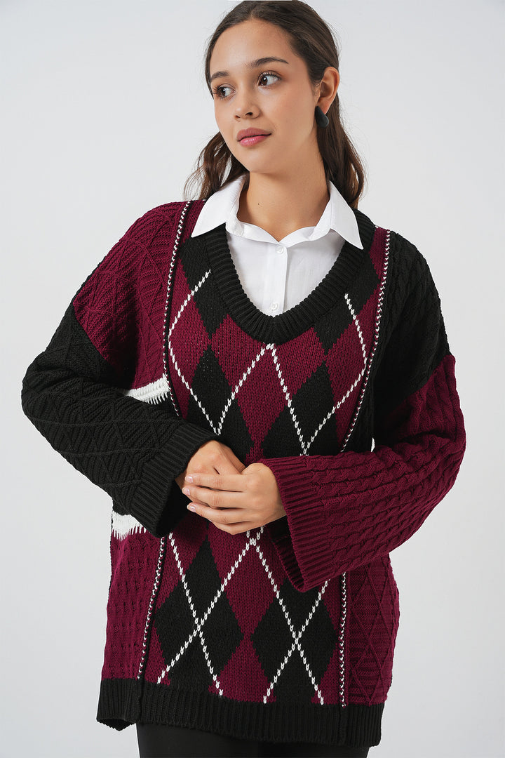 Bigdart Pull en tricot à motifs à col en V pour femme 15933 - Bordeaux