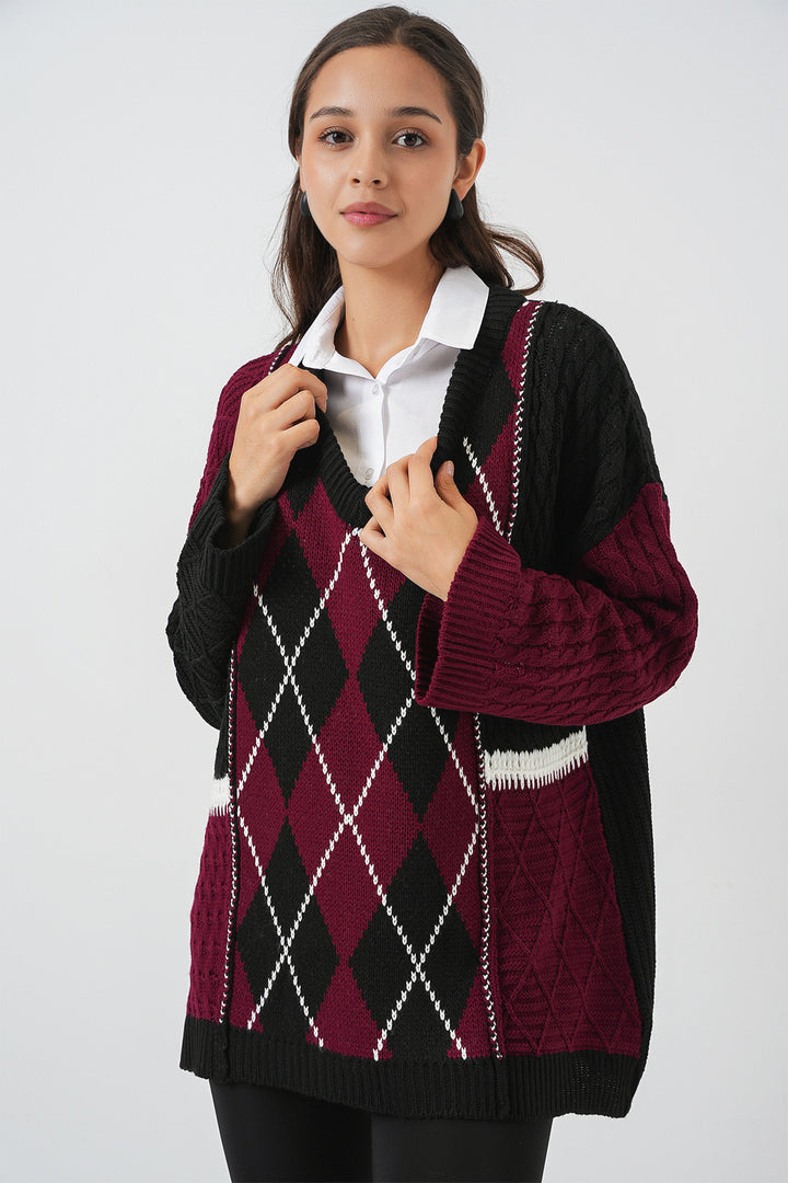 Bigdart Pull en tricot à motifs à col en V pour femme 15933 - Bordeaux