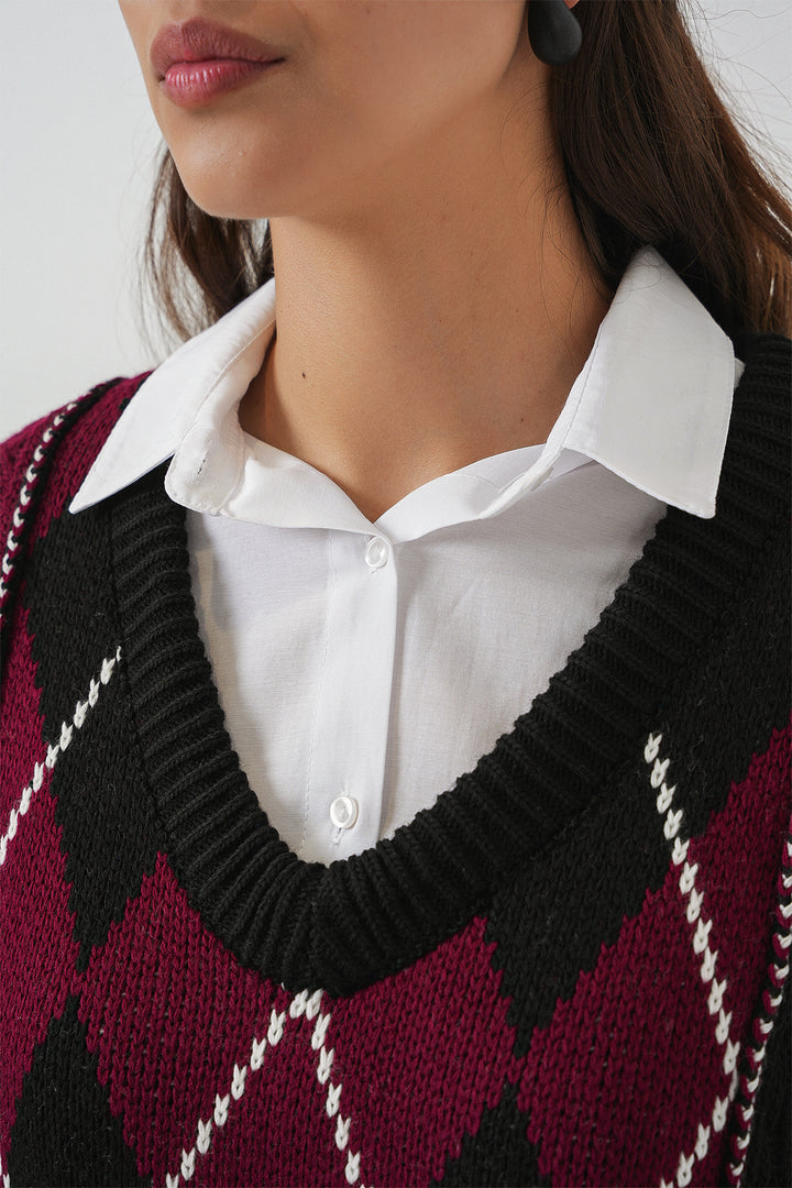 Bigdart Pull en tricot à motifs à col en V pour femme 15933 - Bordeaux