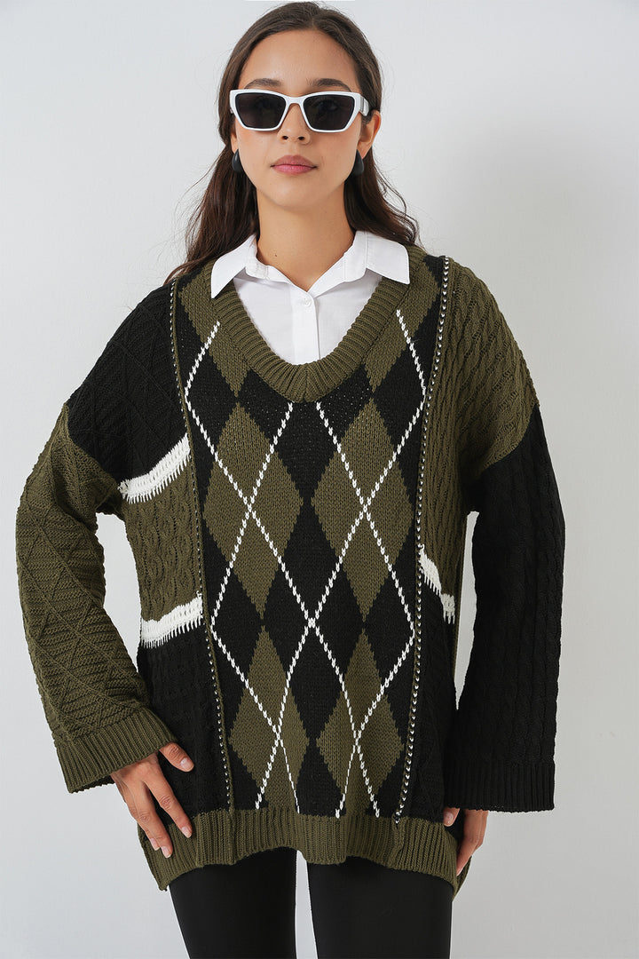 Bigdart Pull en tricot à motifs à col en V pour femme 15933 - Kaki