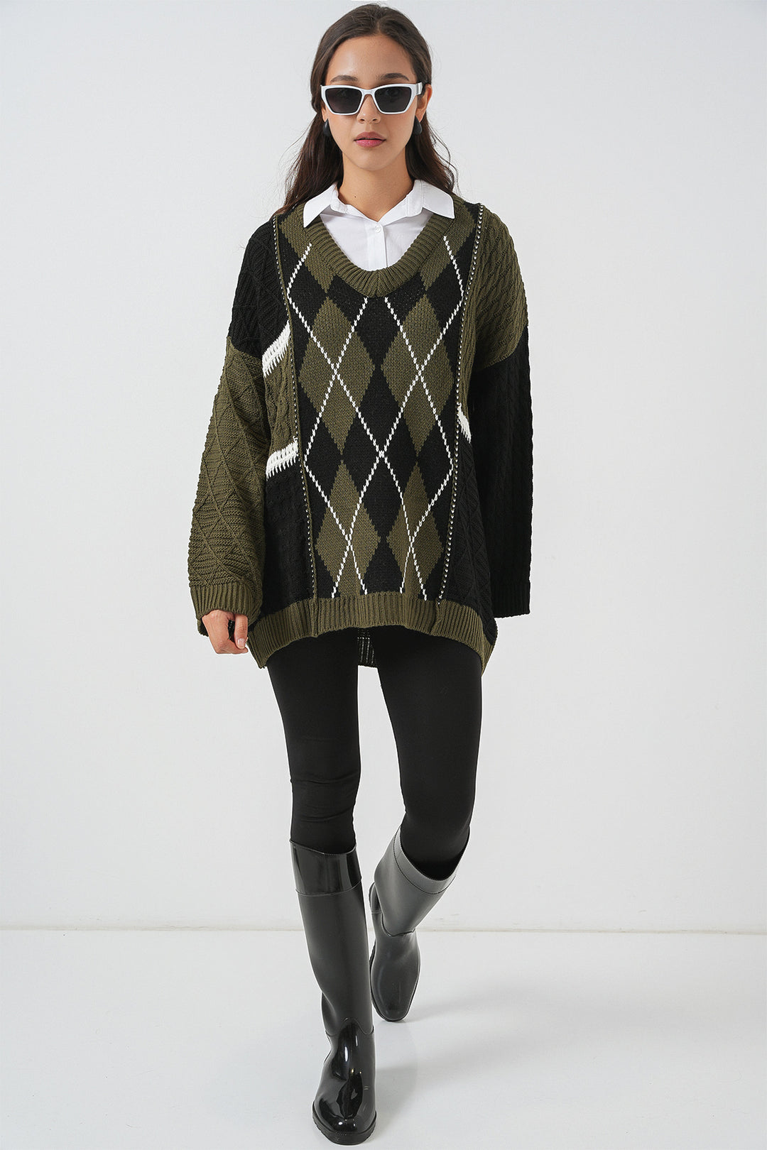 Bigdart Pull en tricot à motifs à col en V pour femme 15933 - Kaki