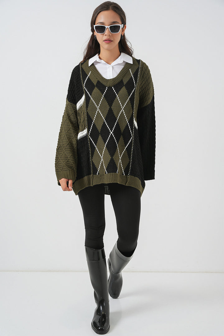 Bigdart Pull en tricot à motifs à col en V pour femme 15933 - Kaki