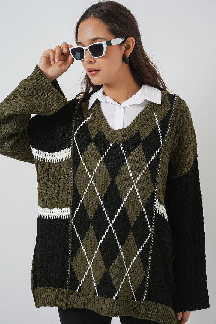 Bigdart Pull en tricot à motifs à col en V pour femme 15933 - Kaki