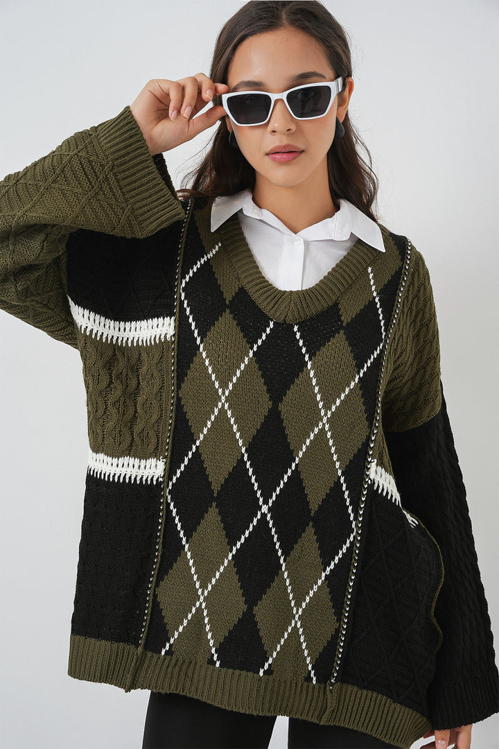 Bigdart Pull en tricot à motifs à col en V pour femme 15933 - Kaki