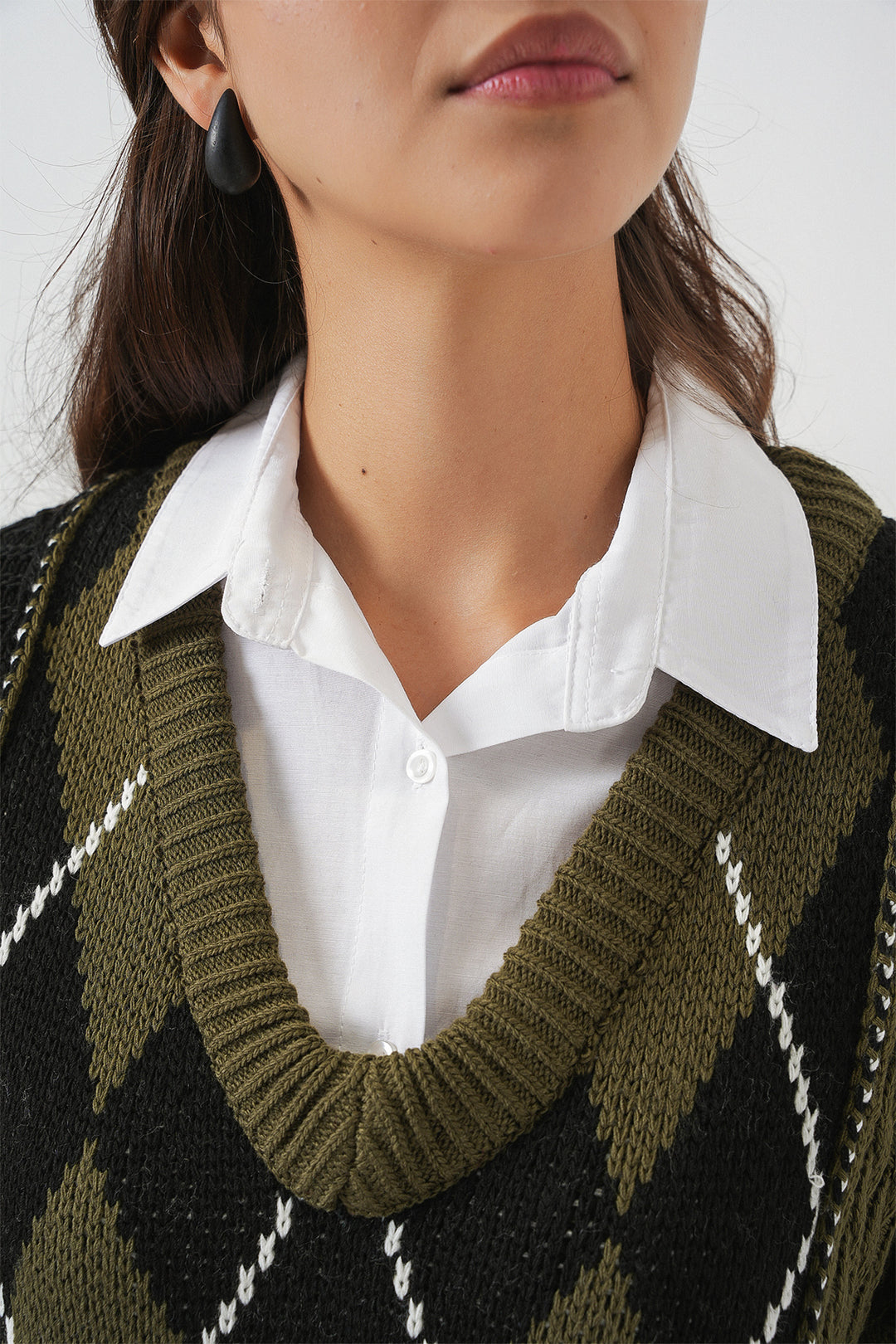 Bigdart Pull en tricot à motifs à col en V pour femme 15933 - Kaki