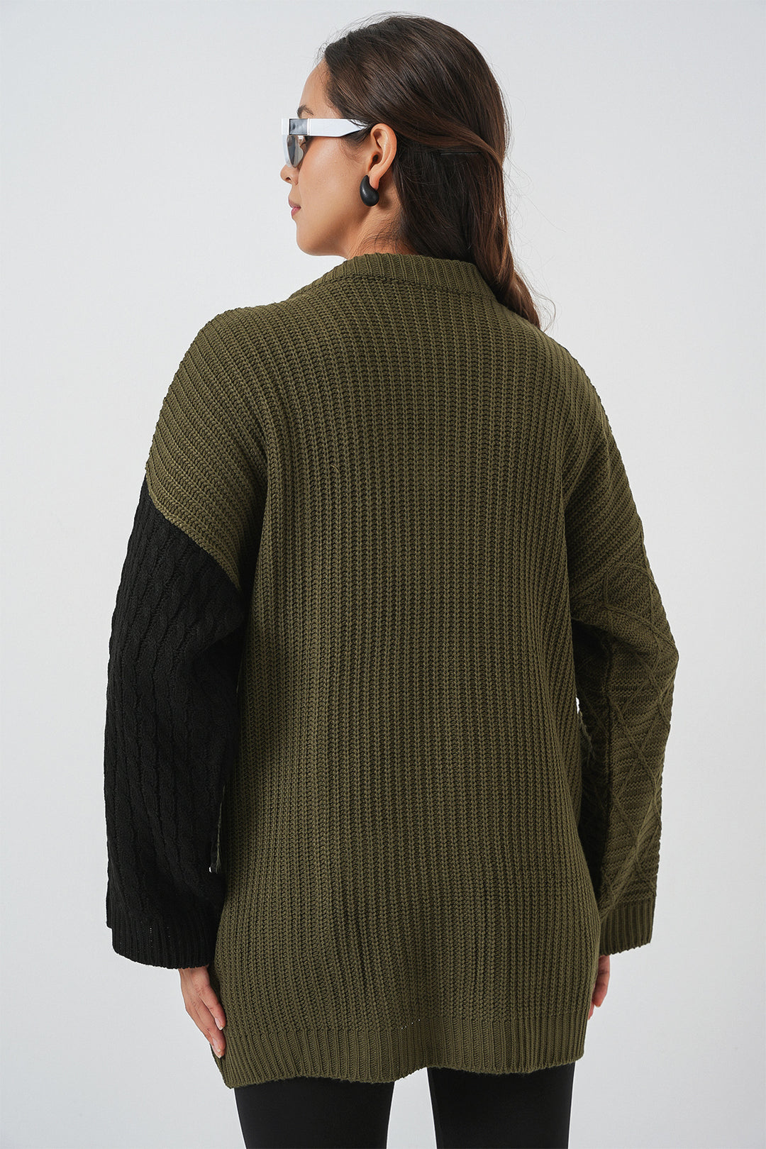 Bigdart Pull en tricot à motifs à col en V pour femme 15933 - Kaki