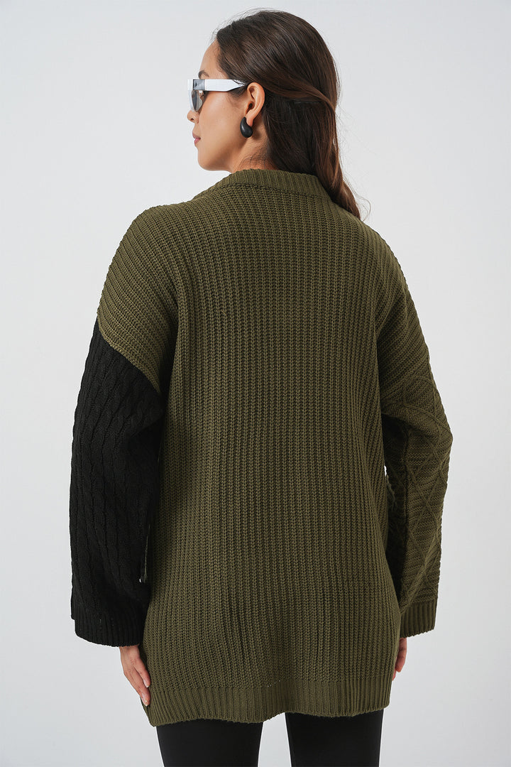 Bigdart Pull en tricot à motifs à col en V pour femme 15933 - Kaki