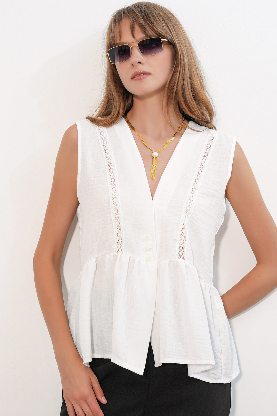 Bigdart Blouse pour femme en lin à dentelle et col en V 40026 - Blanc