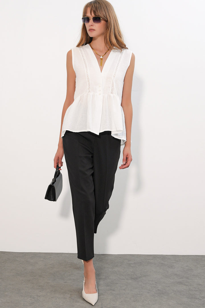 Bigdart Blouse pour femme en lin à dentelle et col en V 40026 - Blanc