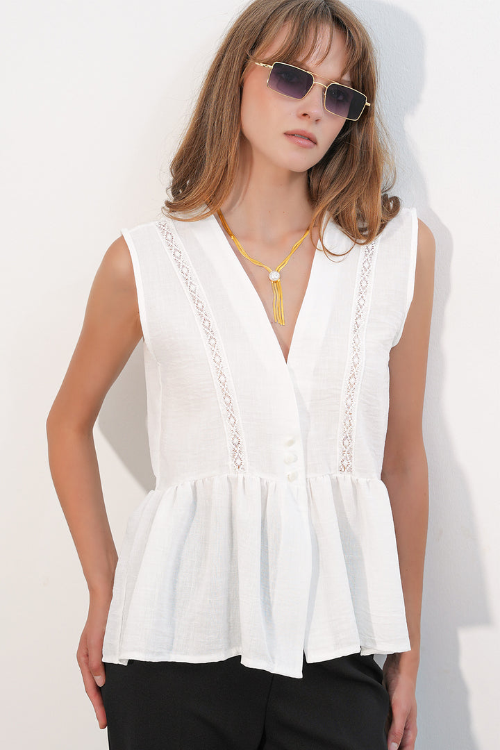 Bigdart Blouse pour femme en lin à dentelle et col en V 40026 - Blanc