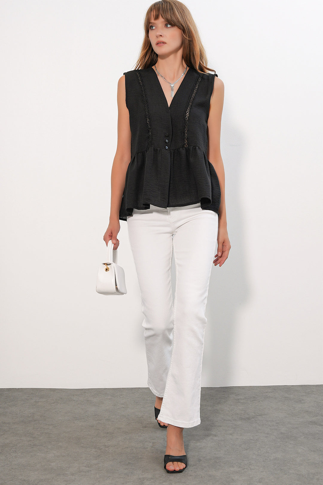 Bigdart Blouse en lin à dentelle et col en V 40026 pour femme - Noir