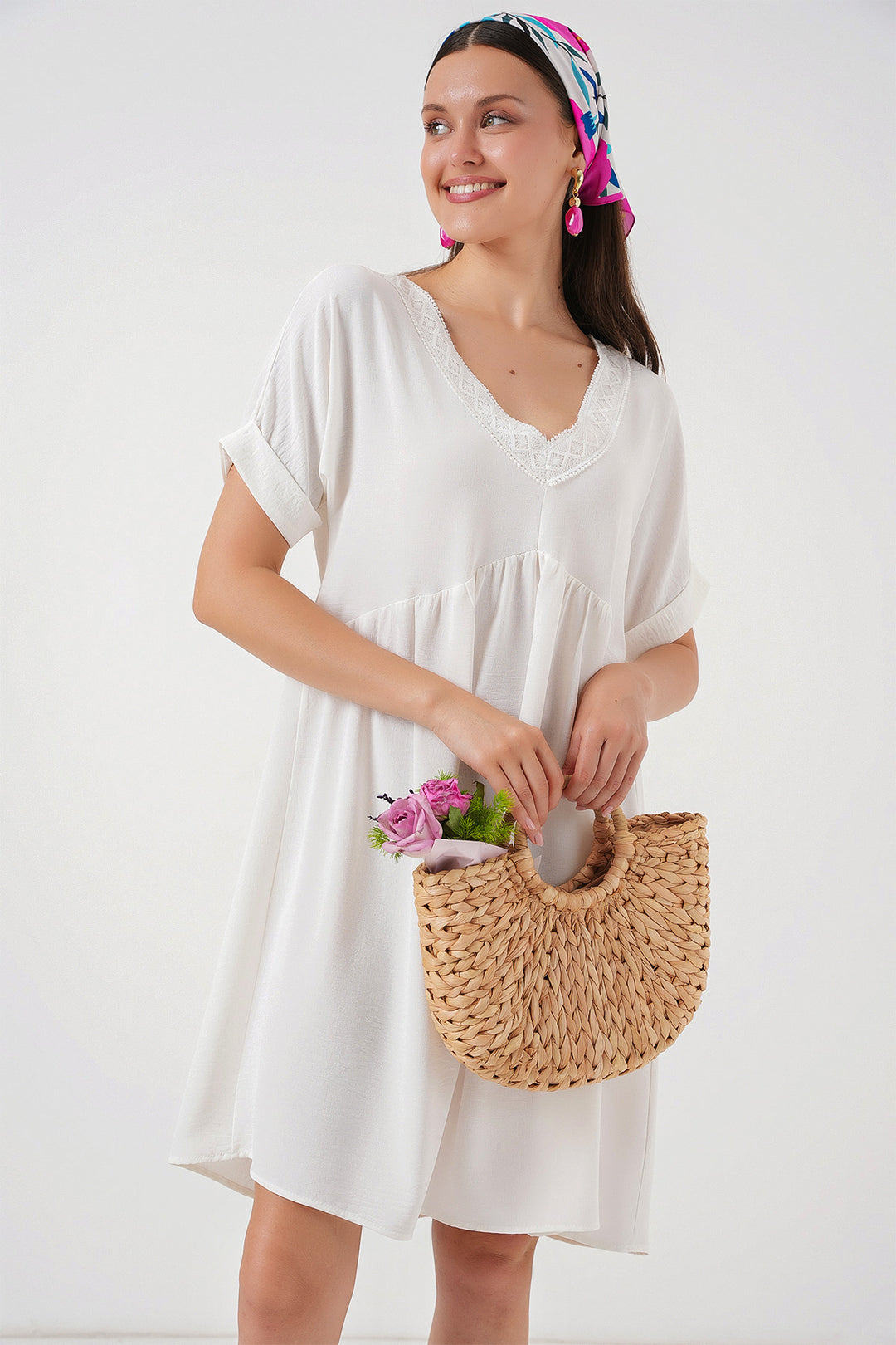 Bigdart Robe à manches courtes en V pour femme 2567 - Blanc