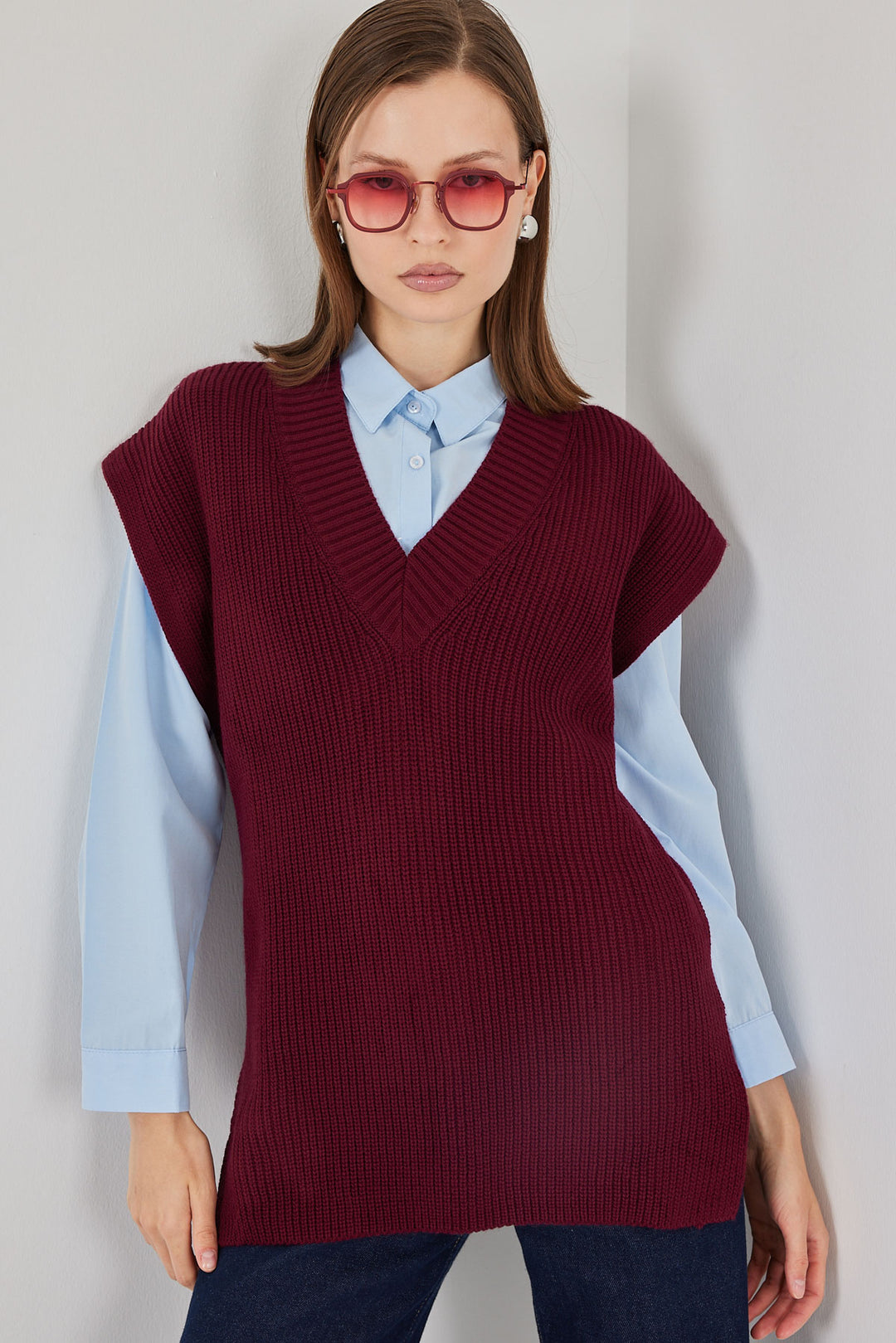 Bigdart Gilet en tricot à col en V pour femme 15925 - Bordeaux