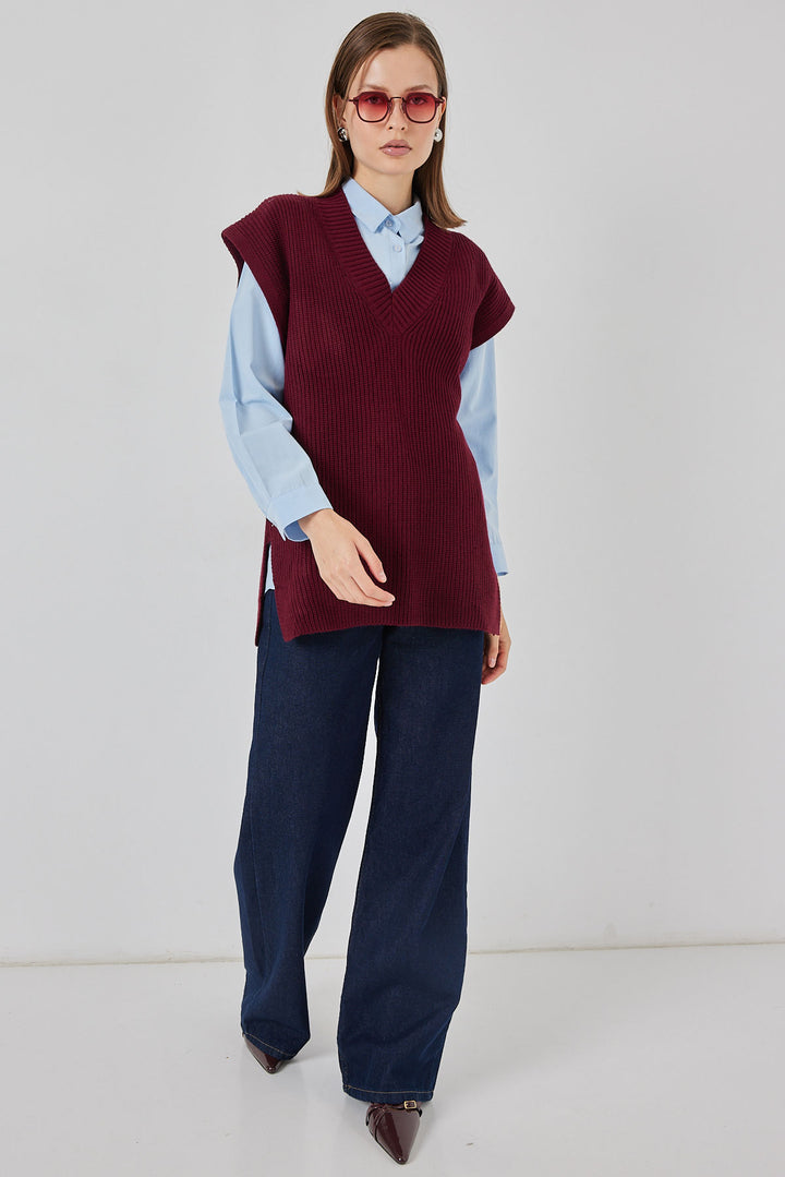 Bigdart Gilet en tricot à col en V pour femme 15925 - Bordeaux