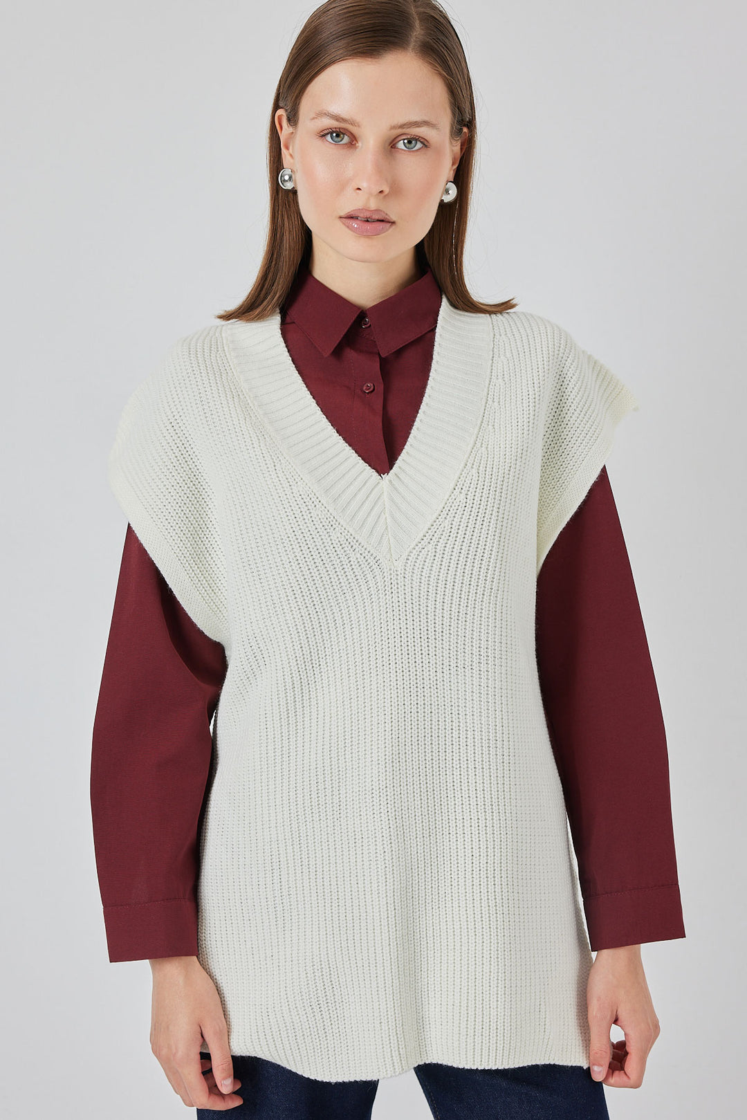 Bigdart Gilet en Tricot à Col en V Femme 15925 - Écru