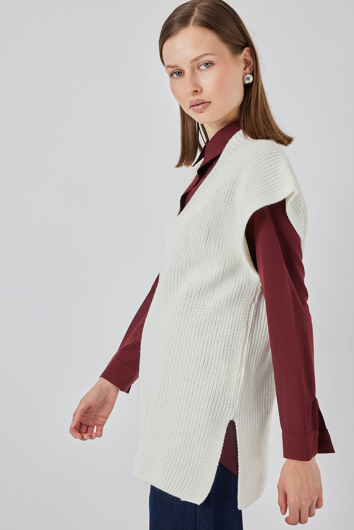 Bigdart Gilet en Tricot à Col en V Femme 15925 - Écru