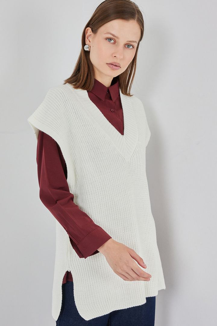 Bigdart Gilet en Tricot à Col en V Femme 15925 - Écru