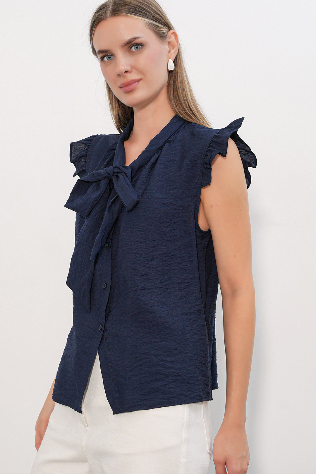 Bigdart Chemise sans manches avec détail de col à nouer femme 40038 - Bleu marine