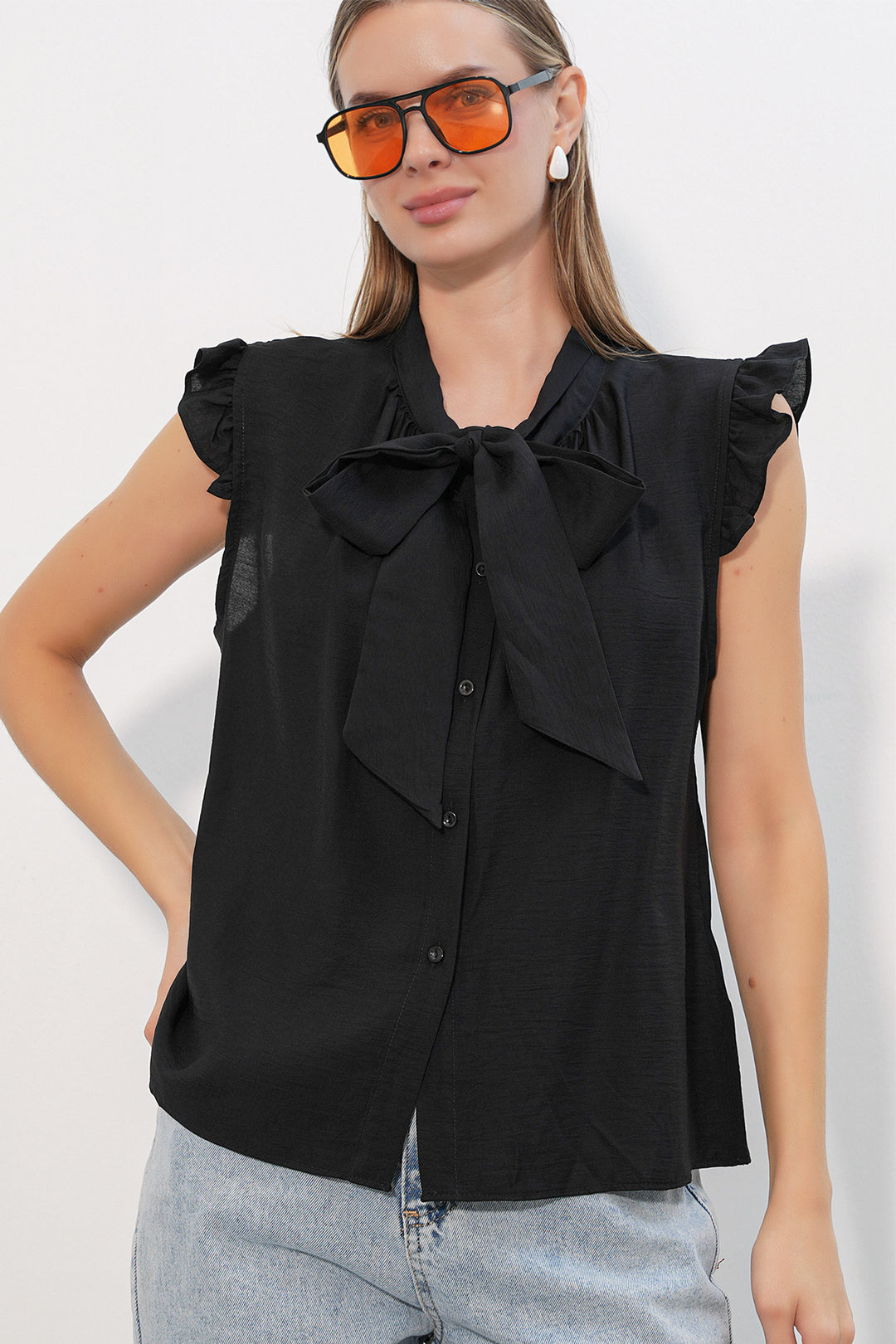 Bigdart Chemisier sans manches à col noué pour femme 40038 - Noir