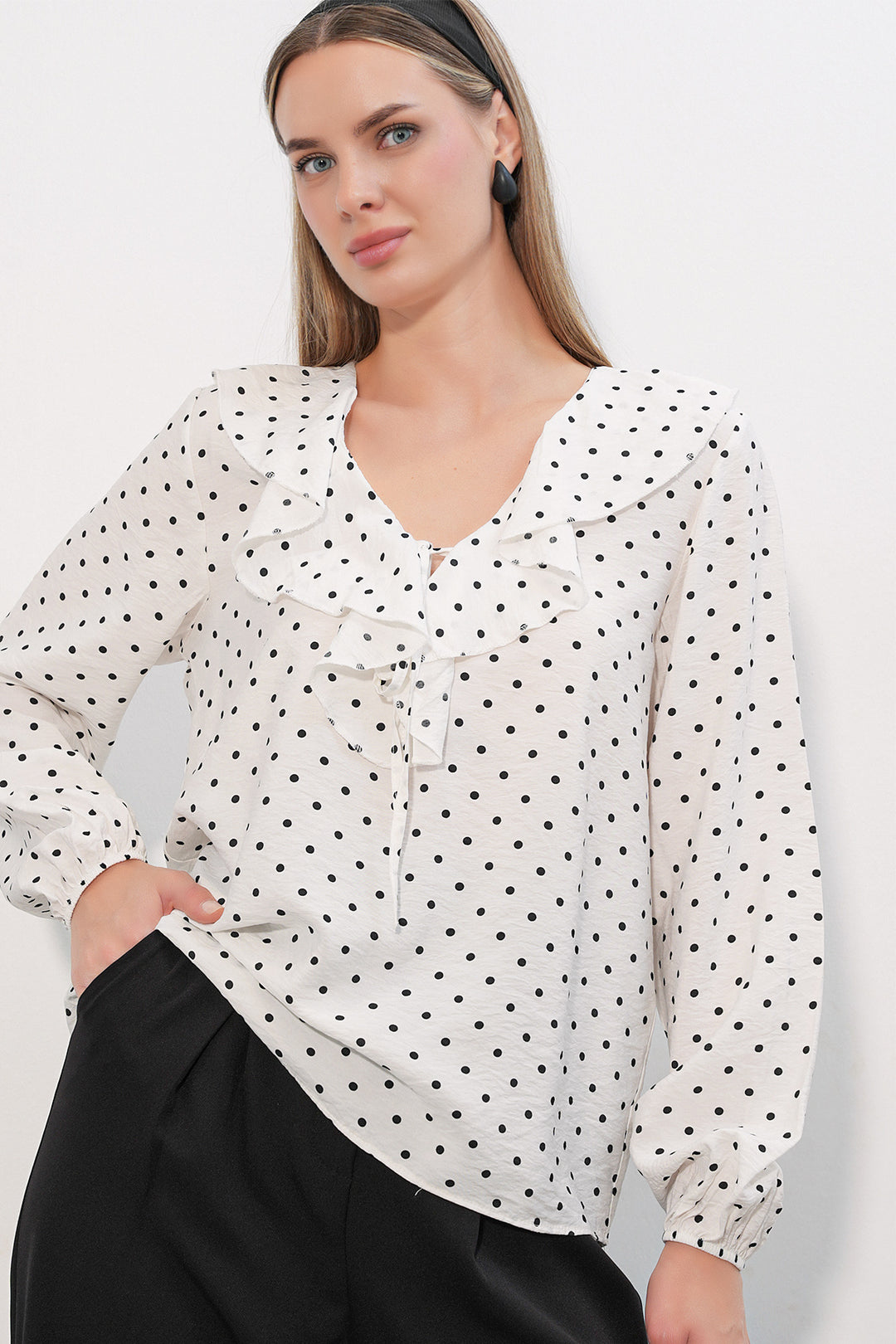 Bigdart Blouse à pois avec détail de col femme 40034 - b.Blanc