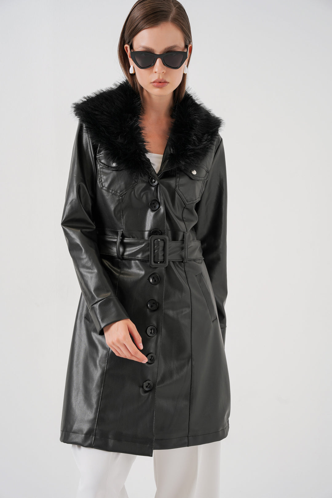 Bigdart Manteau en cuir avec col en fourrure pour femme 1048 - Noir