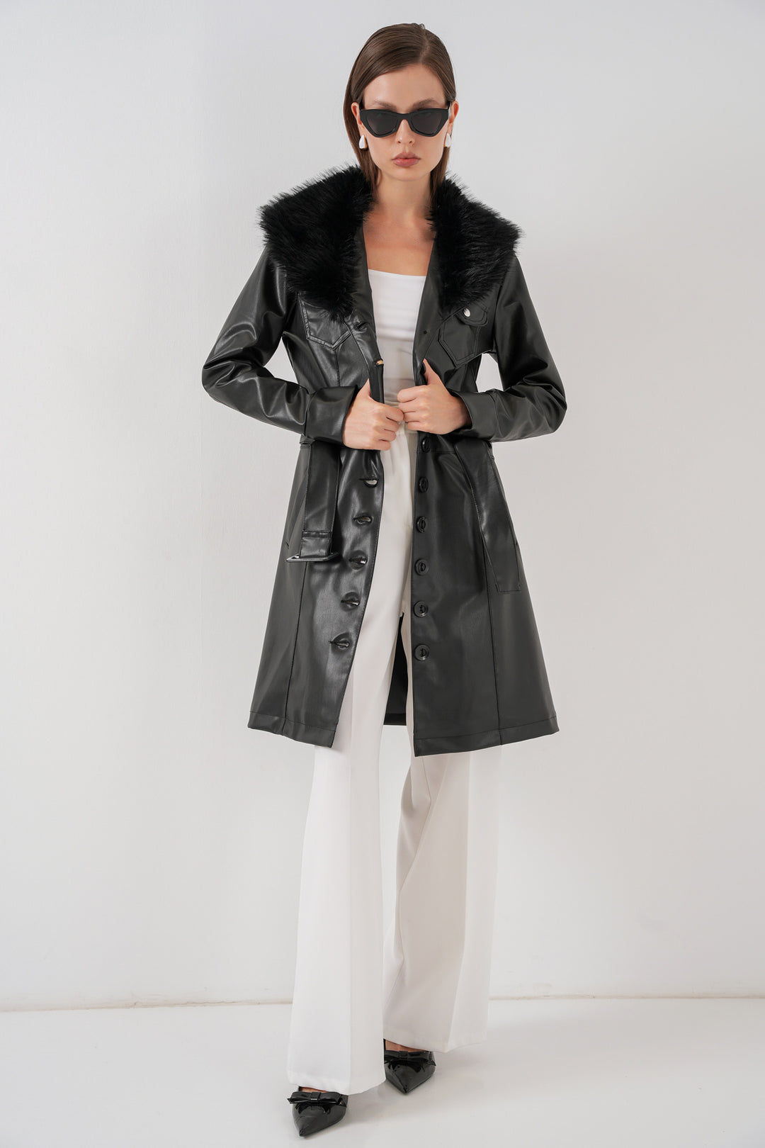 Bigdart Manteau en cuir avec col en fourrure pour femme 1048 - Noir