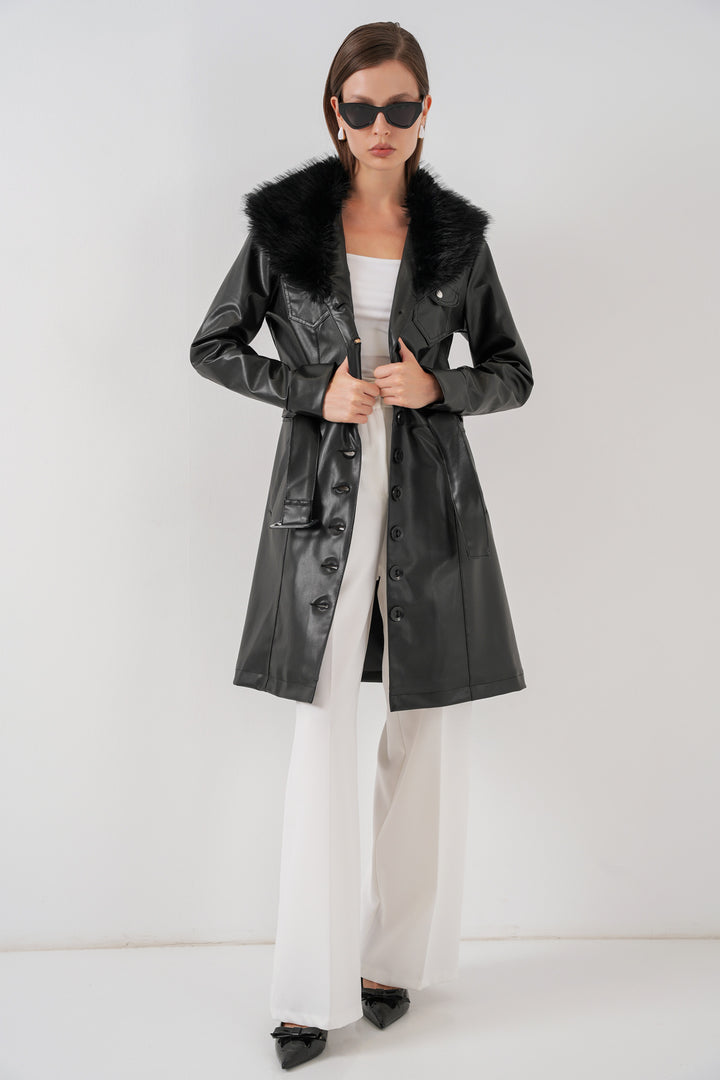 Bigdart Manteau en cuir avec col en fourrure pour femme 1048 - Noir