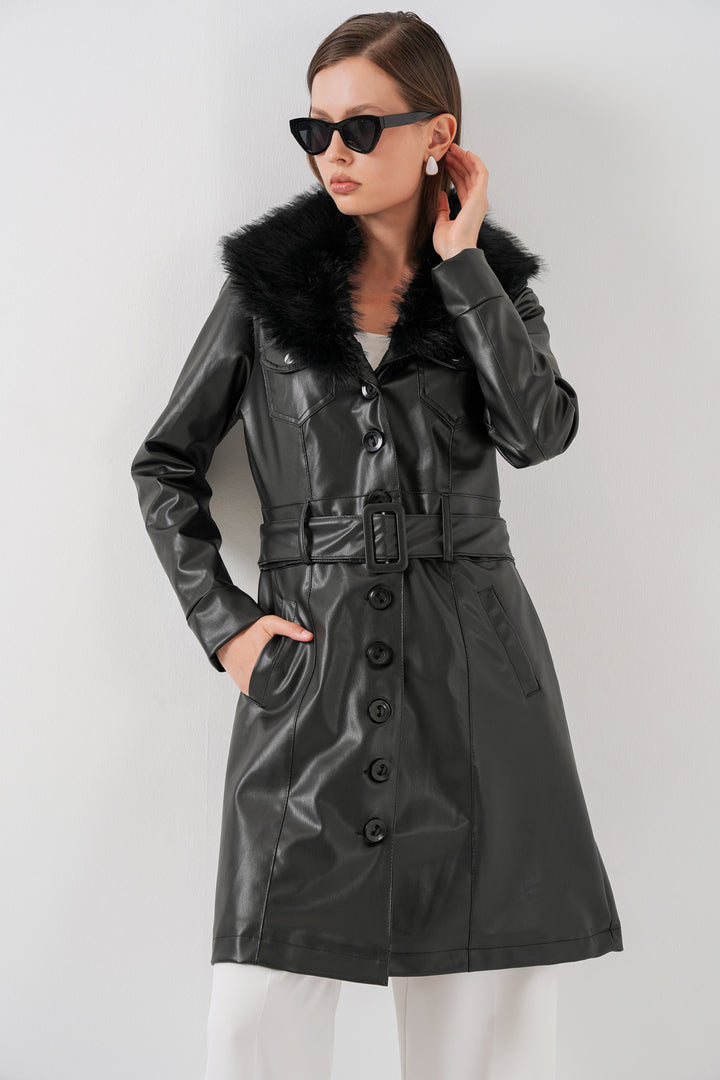 Bigdart Manteau en cuir avec col en fourrure pour femme 1048 - Noir