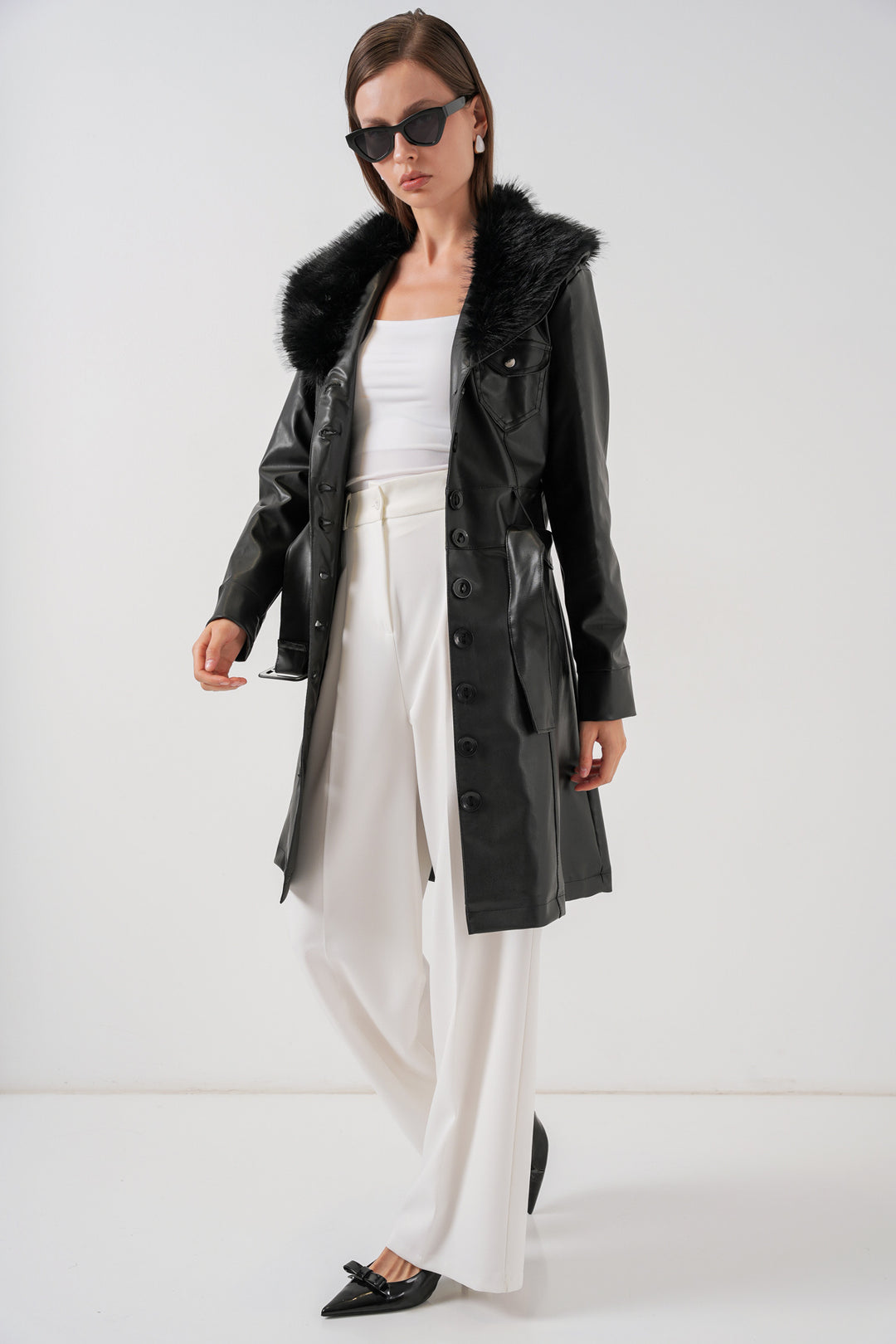 Bigdart Manteau en cuir avec col en fourrure pour femme 1048 - Noir