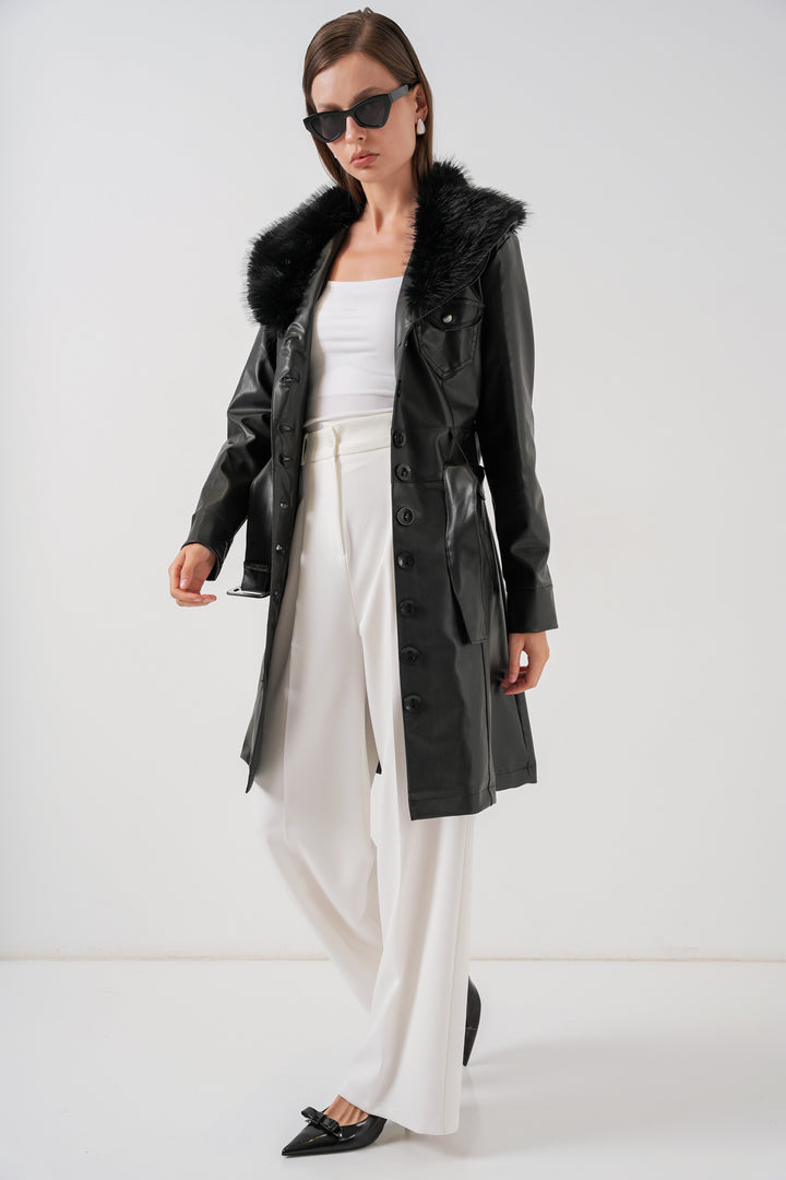 Bigdart Manteau en cuir avec col en fourrure pour femme 1048 - Noir