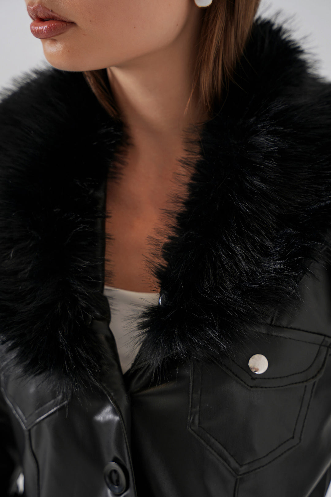 Bigdart Manteau en cuir avec col en fourrure pour femme 1048 - Noir