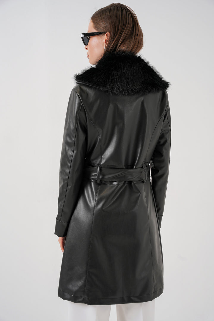 Bigdart Manteau en cuir avec col en fourrure pour femme 1048 - Noir