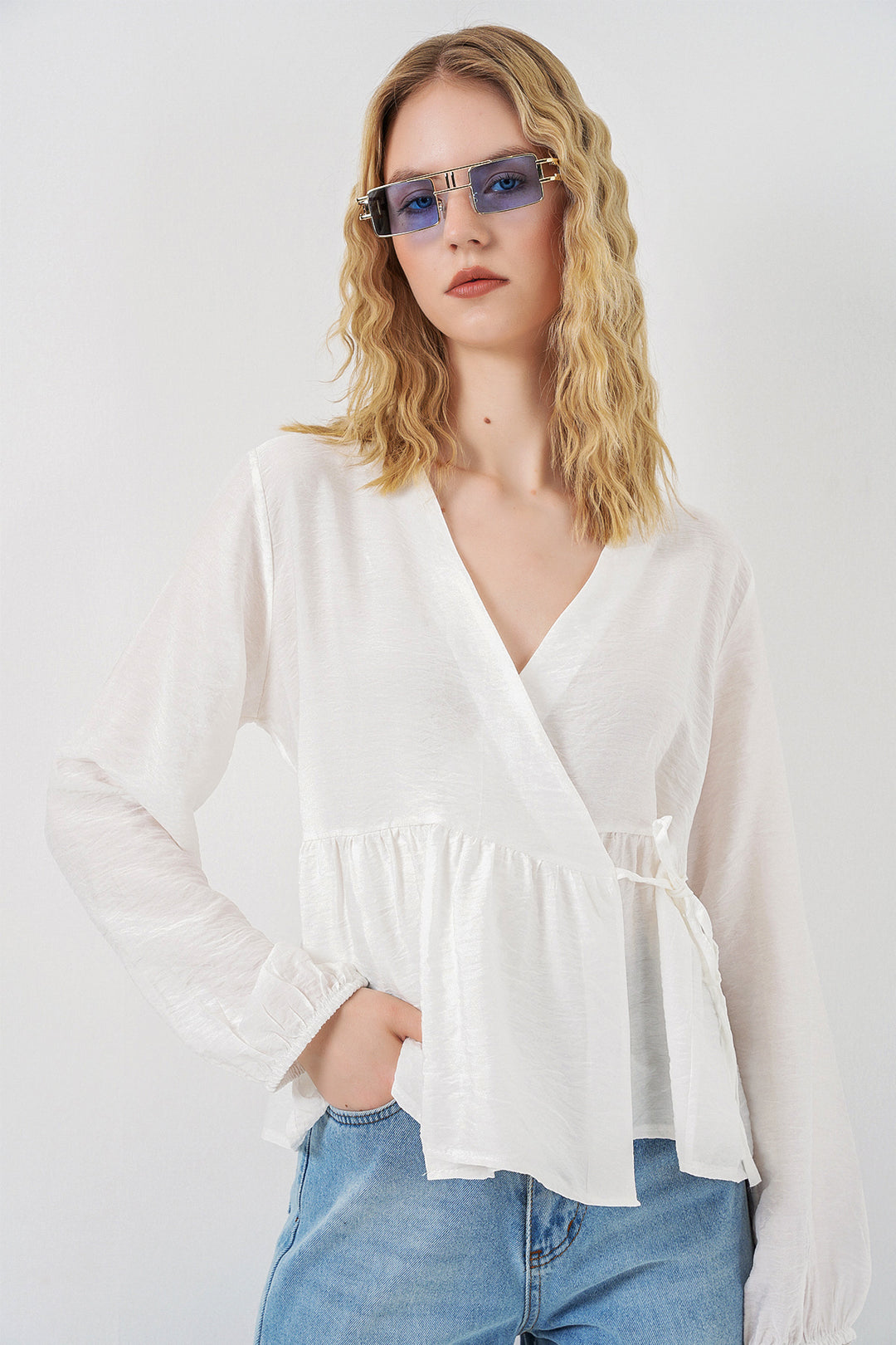 Bigdart Blouse à manches longues à nouer sur le côté pour femme 996 - Blanc