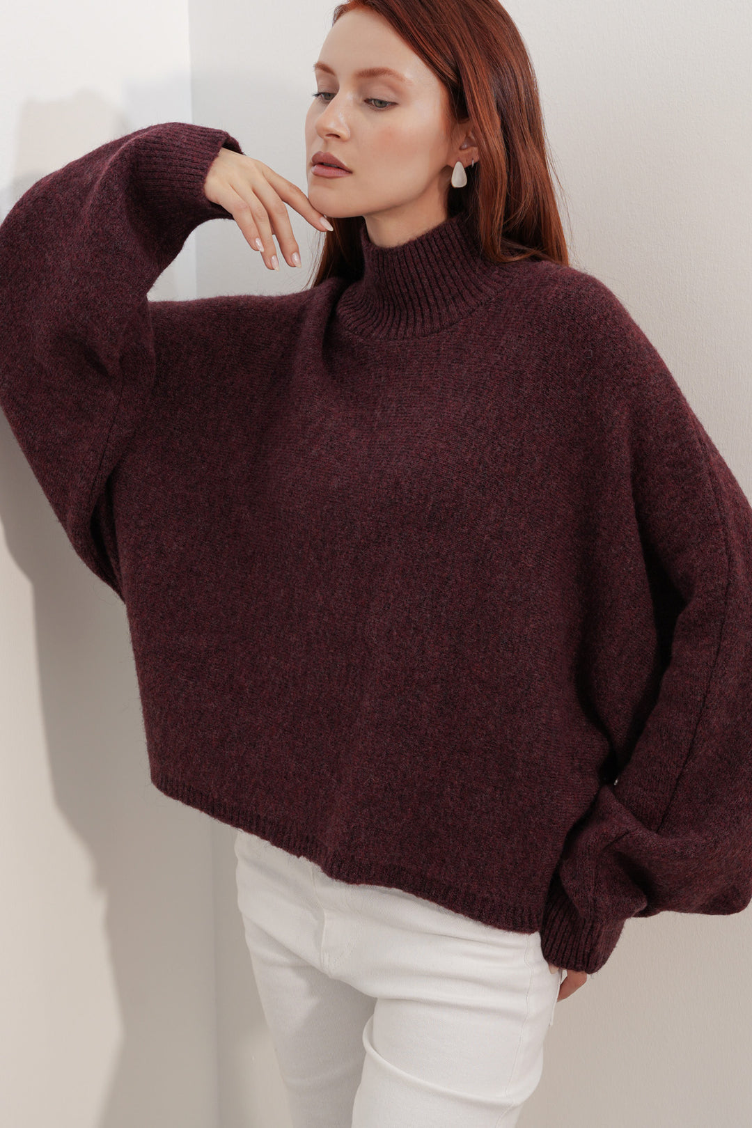 Bigdart Pull à col chauve-souris oversize pour femme 15969 - Bordeaux