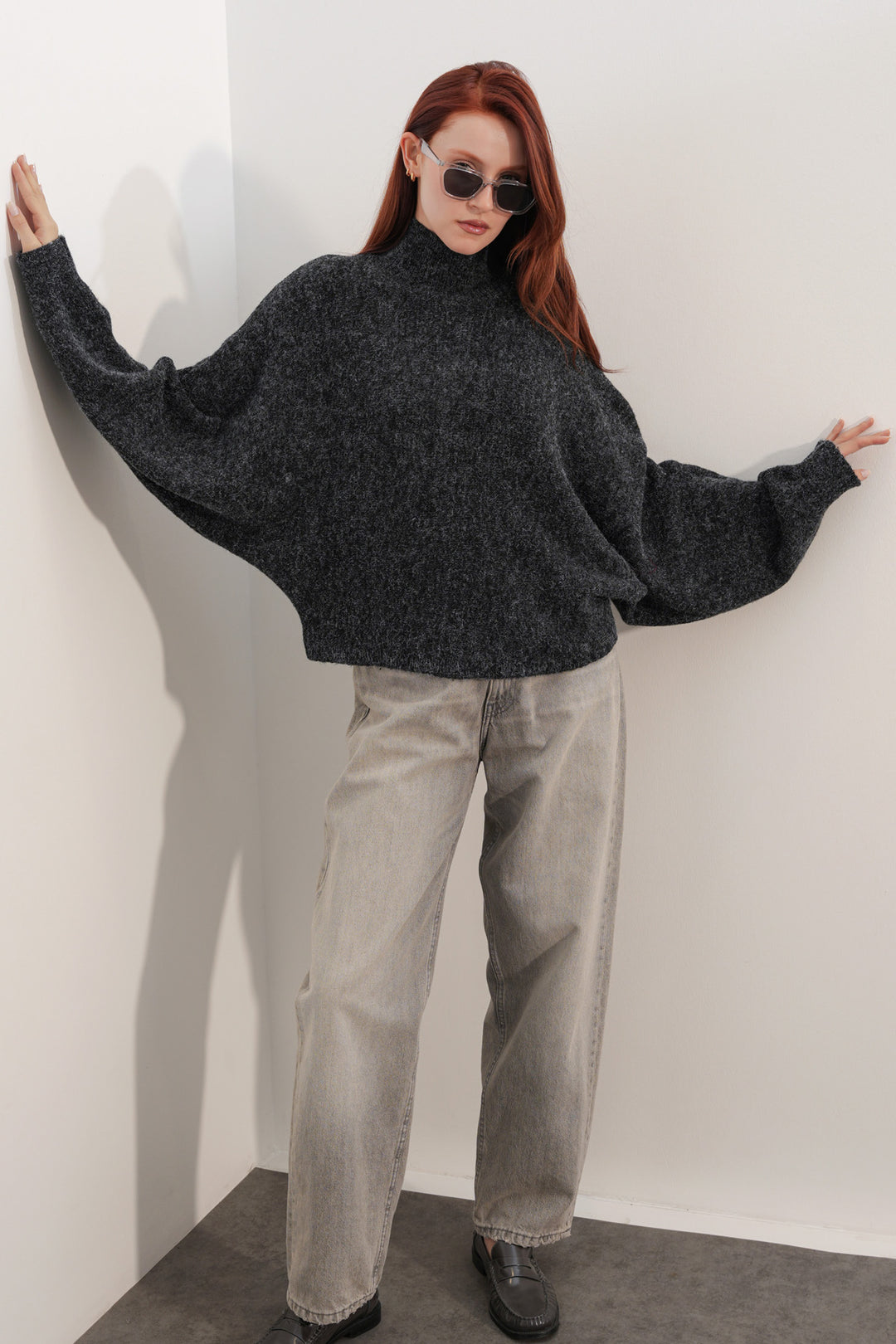 Bigdart Pull à col chauve-souris oversize pour femme 15969 - Noir