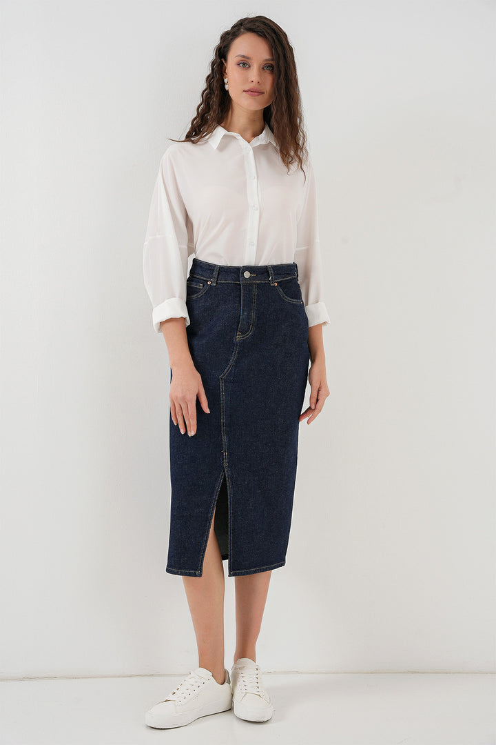 Bigdart Femme Jupe Midi en Jean Fendue 8038 - Bleu marine