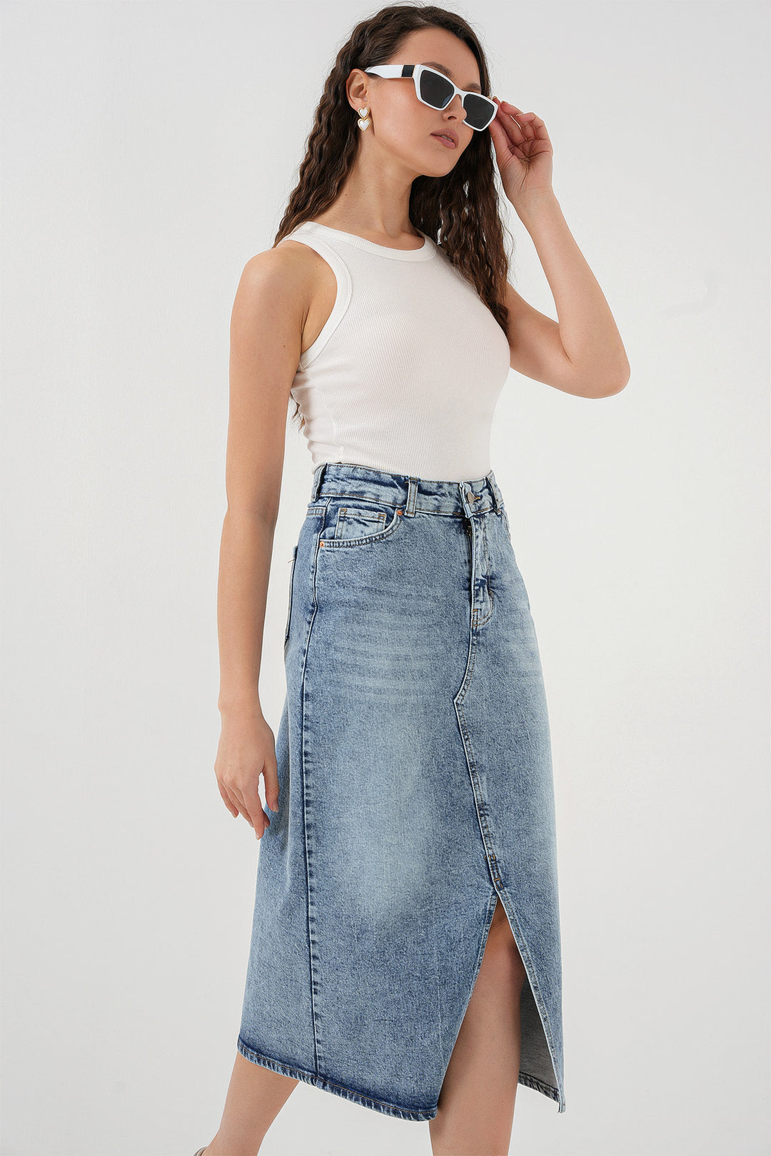 Bigdart Jupe midi en jean à fente pour femme 8038 - Bleu