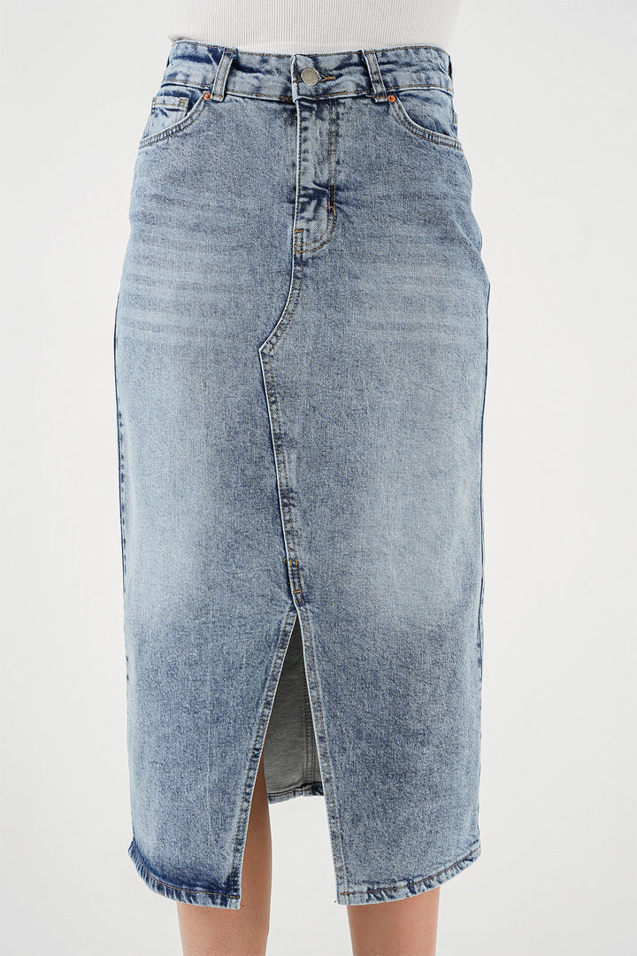 Bigdart Jupe midi en jean à fente pour femme 8038 - Bleu
