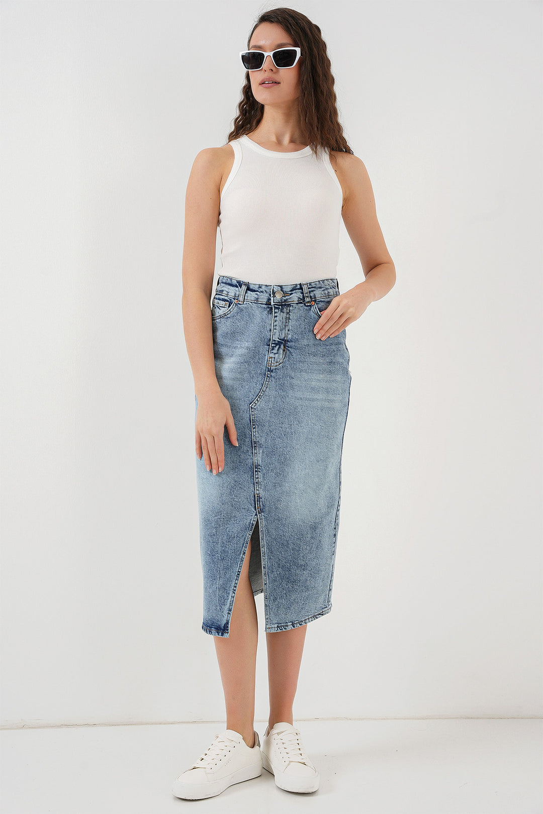 Bigdart Jupe midi en jean à fente pour femme 8038 - Bleu
