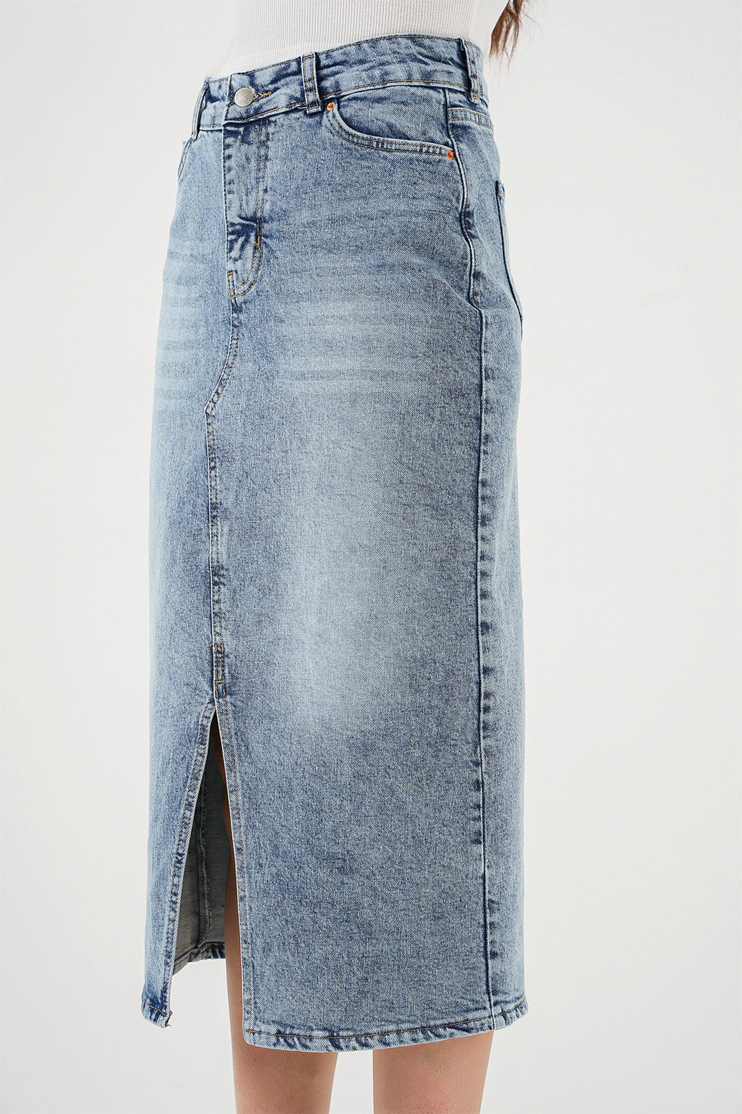 Bigdart Jupe midi en jean à fente pour femme 8038 - Bleu