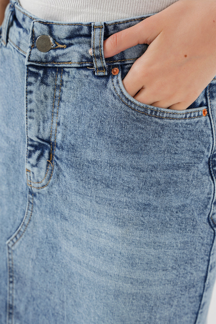 Bigdart Jupe midi en jean à fente pour femme 8038 - Bleu