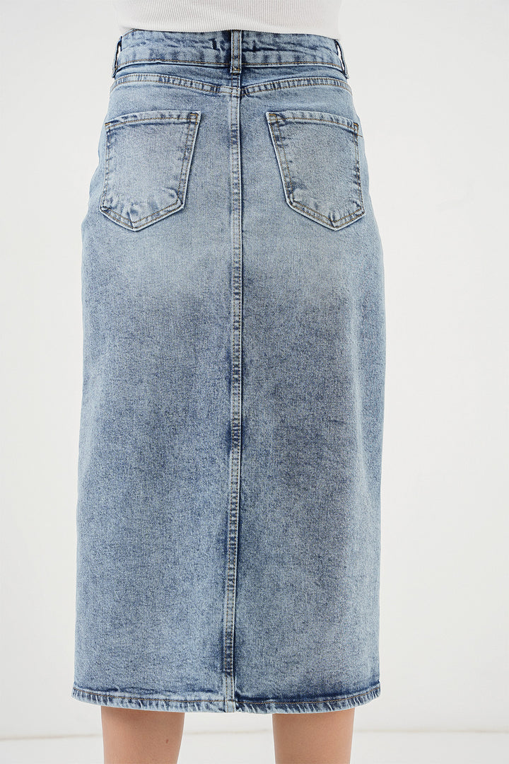 Bigdart Jupe midi en jean à fente pour femme 8038 - Bleu