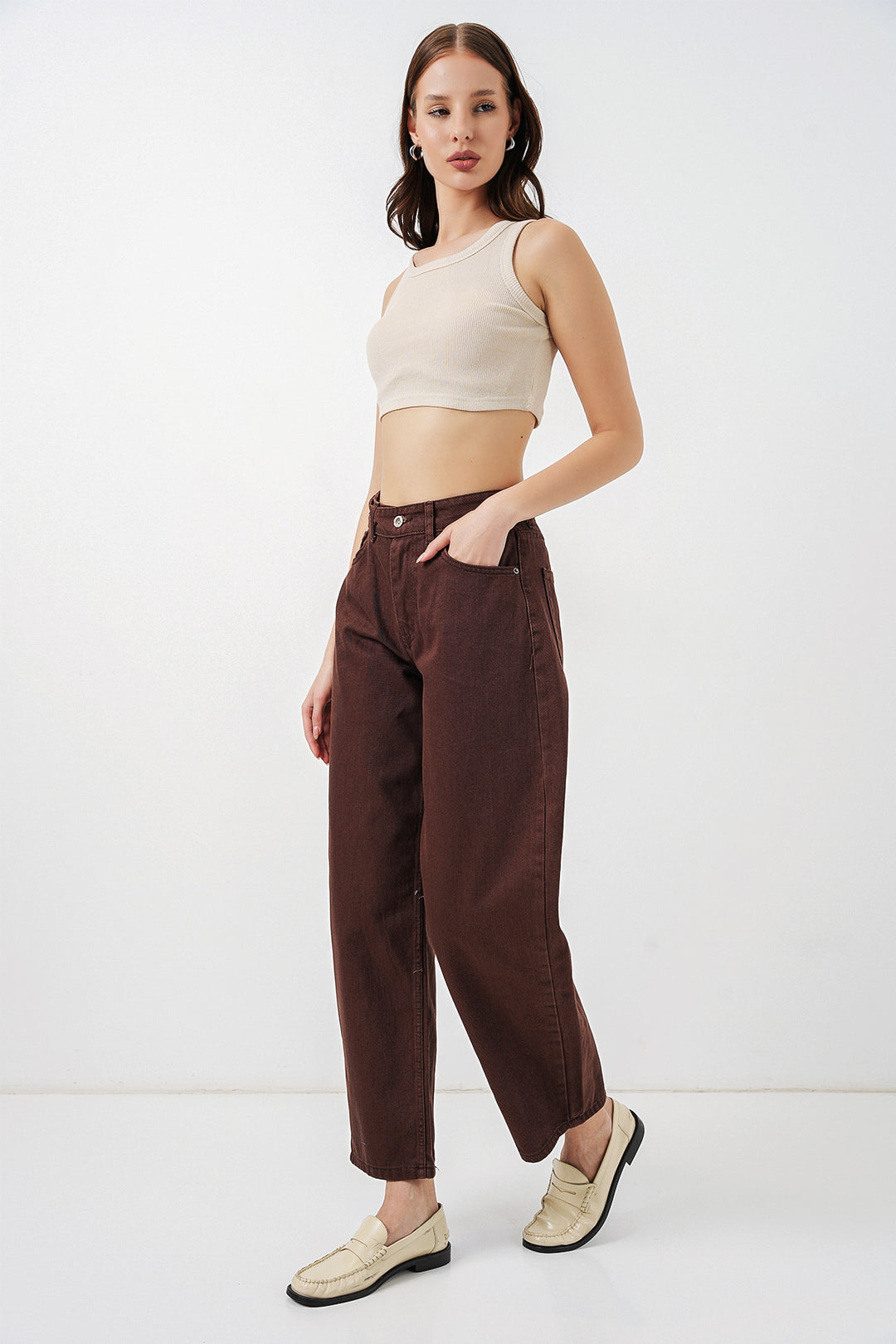 Bigdart Pantalon en jean taille haute femme 30081 - Marron
