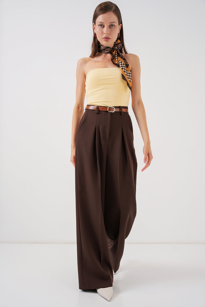 Bigdart Pantalon palazzo taille haute femme 30051 - Marron