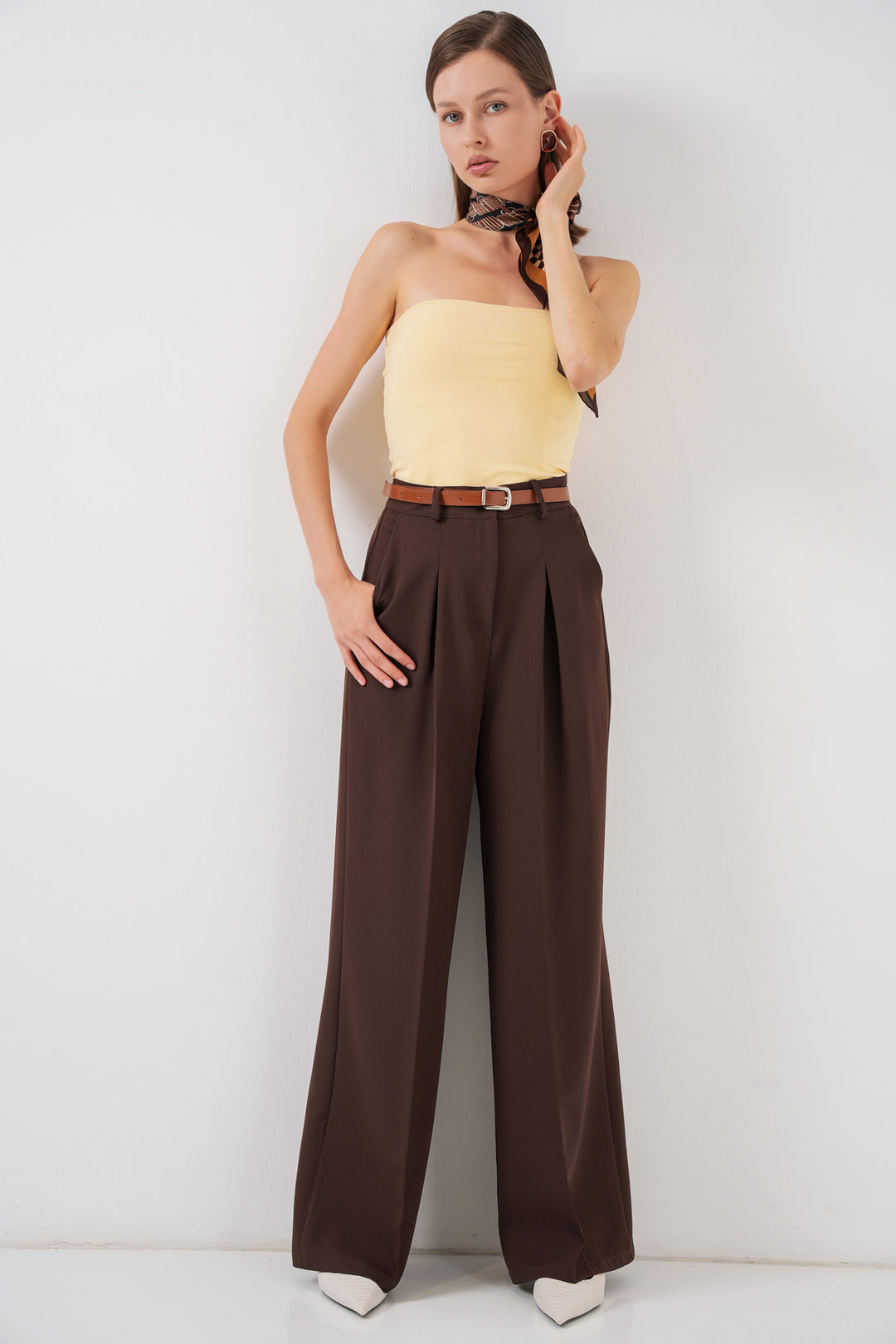 Bigdart Pantalon palazzo taille haute femme 30051 - Marron