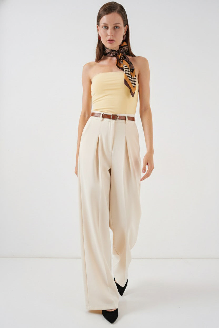 Bigdart Pantalon palazzo taille haute pour femme 30051 - Crème