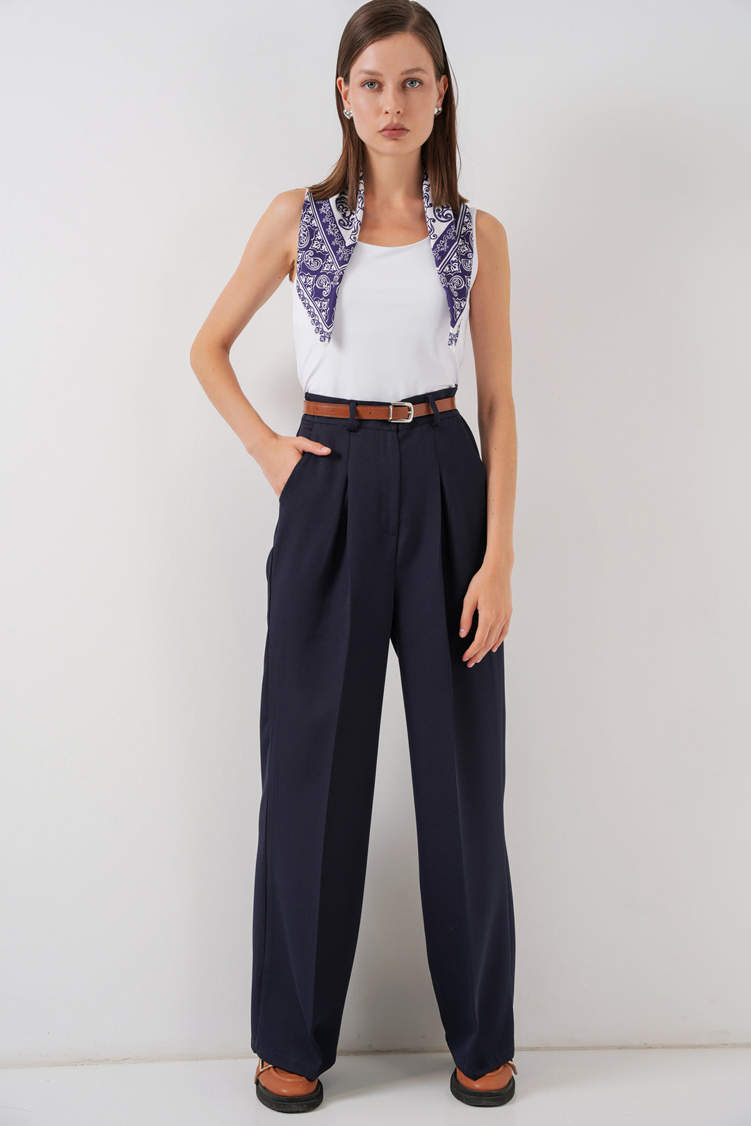 Bigdart Pantalon Palazzo Taille Haute Femme 30051 - Bleu marine